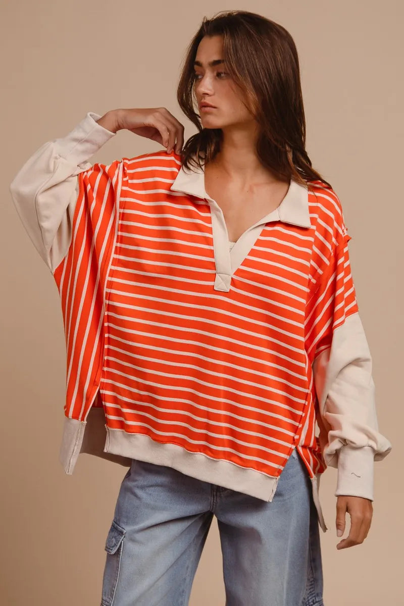 Image of BiBi Stripe Knit Loose Fit Top With Cut Edge Detail | Queeble.shop