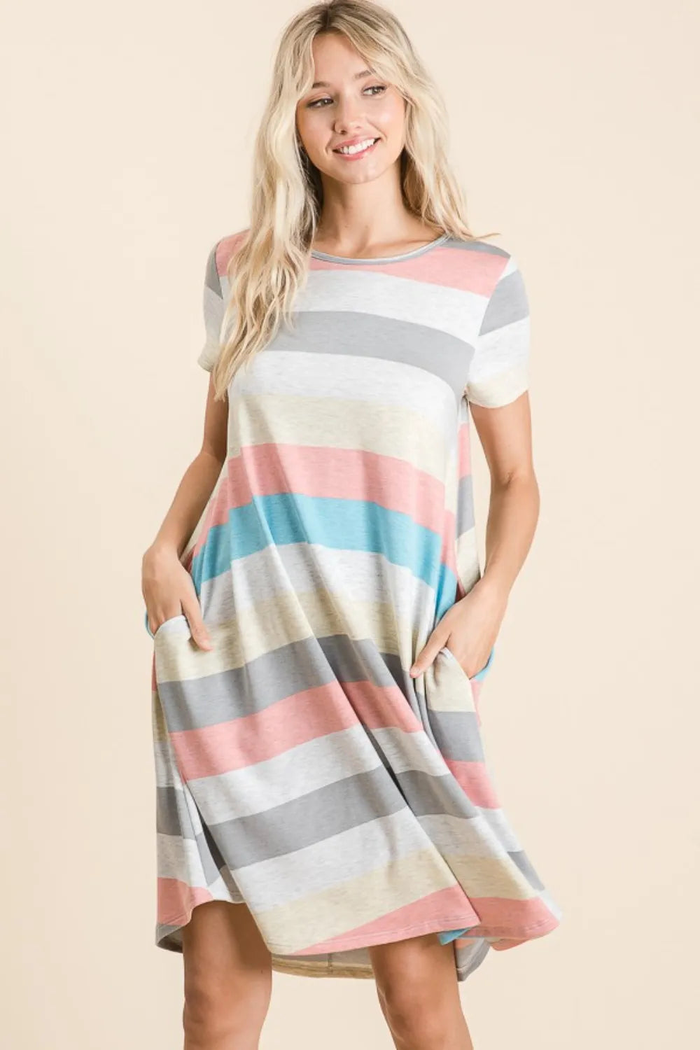 Image of BOMBOM Striped Short Sleeve Dress with Pockets | Queeble.shop