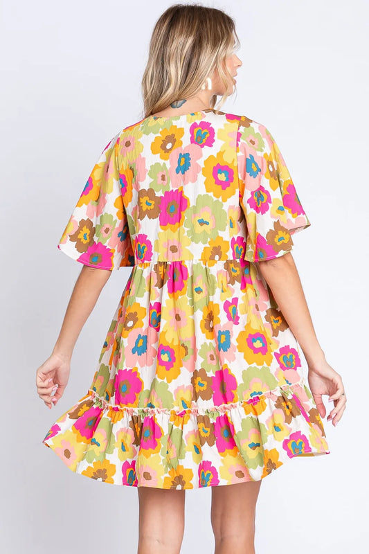 Image of GeeGee Floral V-Neck Ruffle Hem Mini Dress | Queeble.shop