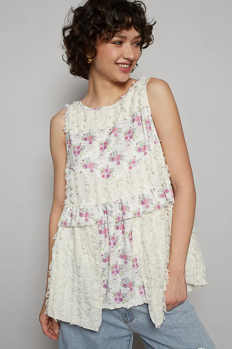 Image of POL Floral Textured Round Neck Sleeveless Top | Queeble.shop