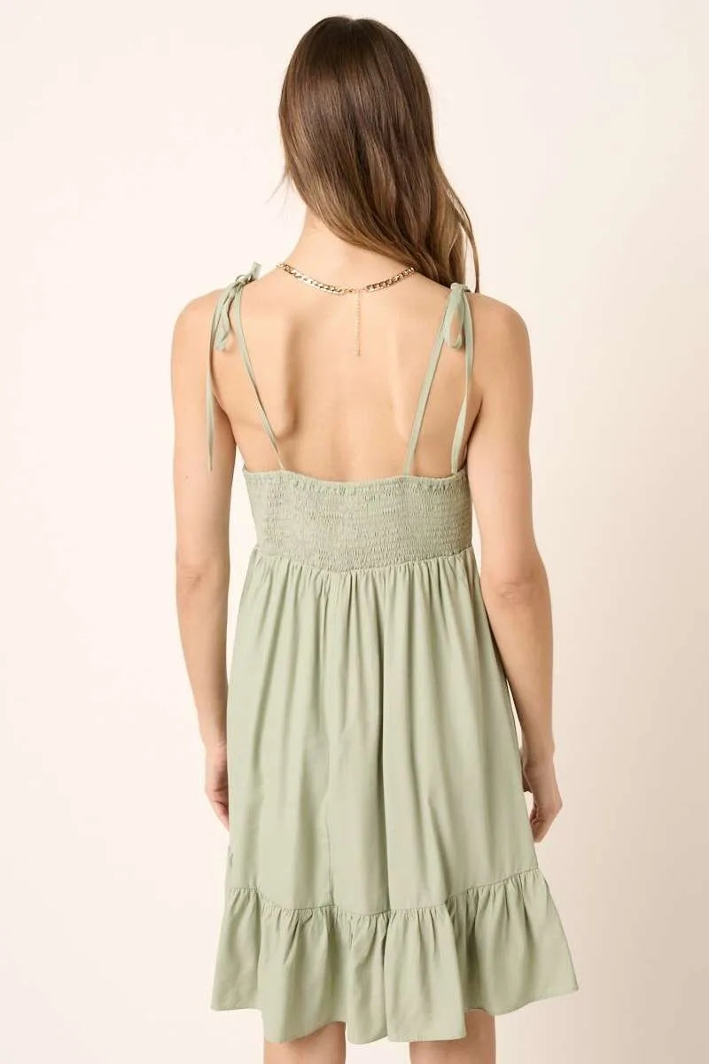 Image of Mittoshop Ruched Detail Spaghetti Tie Mini Dress | Queeble.shop