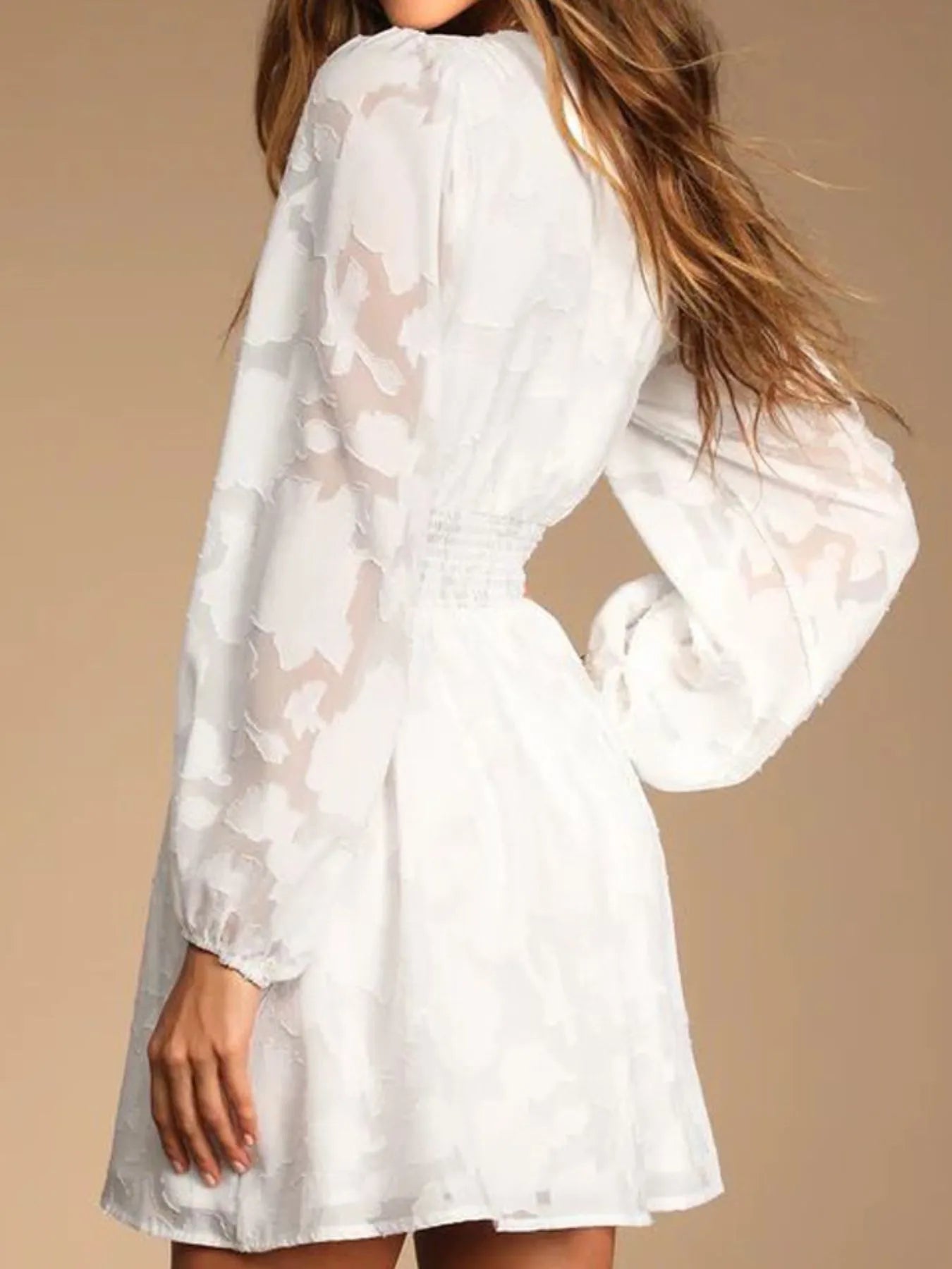 Image of Smocked V-Neck Balloon Sleeve Dress | Queeble.shop