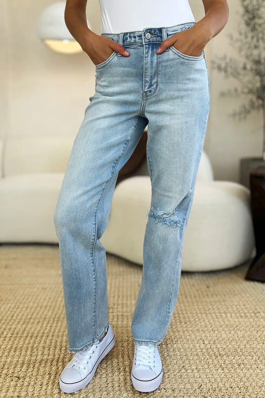 Image of Judy Blue Full Size High Waist Distressed Straight Jeans | Queeble.shop