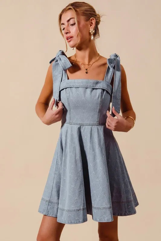 Image of SO ME A Line Fit and Flare Diamond Bow Ribbon Denim Dres | Queeble.shop