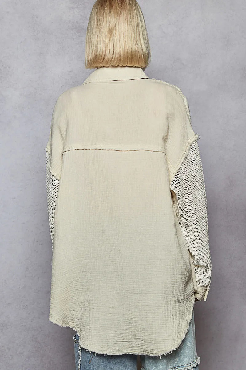 Image of POL Button Down Exposed Seam Flower Print Patch Shirt with Crochet Long Sleeve | Queeble.shop