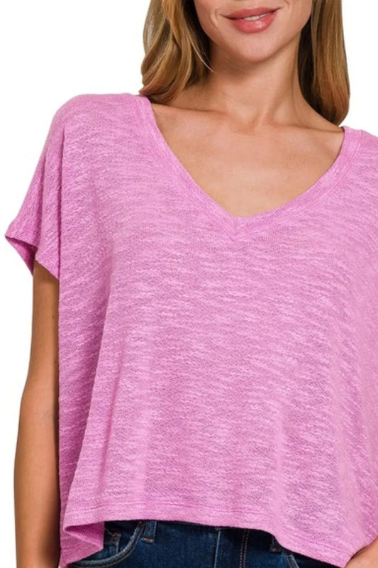 Image of Zenana Hacci Slub V-neck Drop Shoulder Crop Top | Queeble.shop