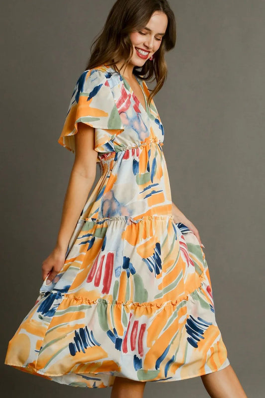 Image of Umgee Full Size Abstract Print Flutter Sleeve Frill Tiered Midi Dress Plus Size | Queeble.shop