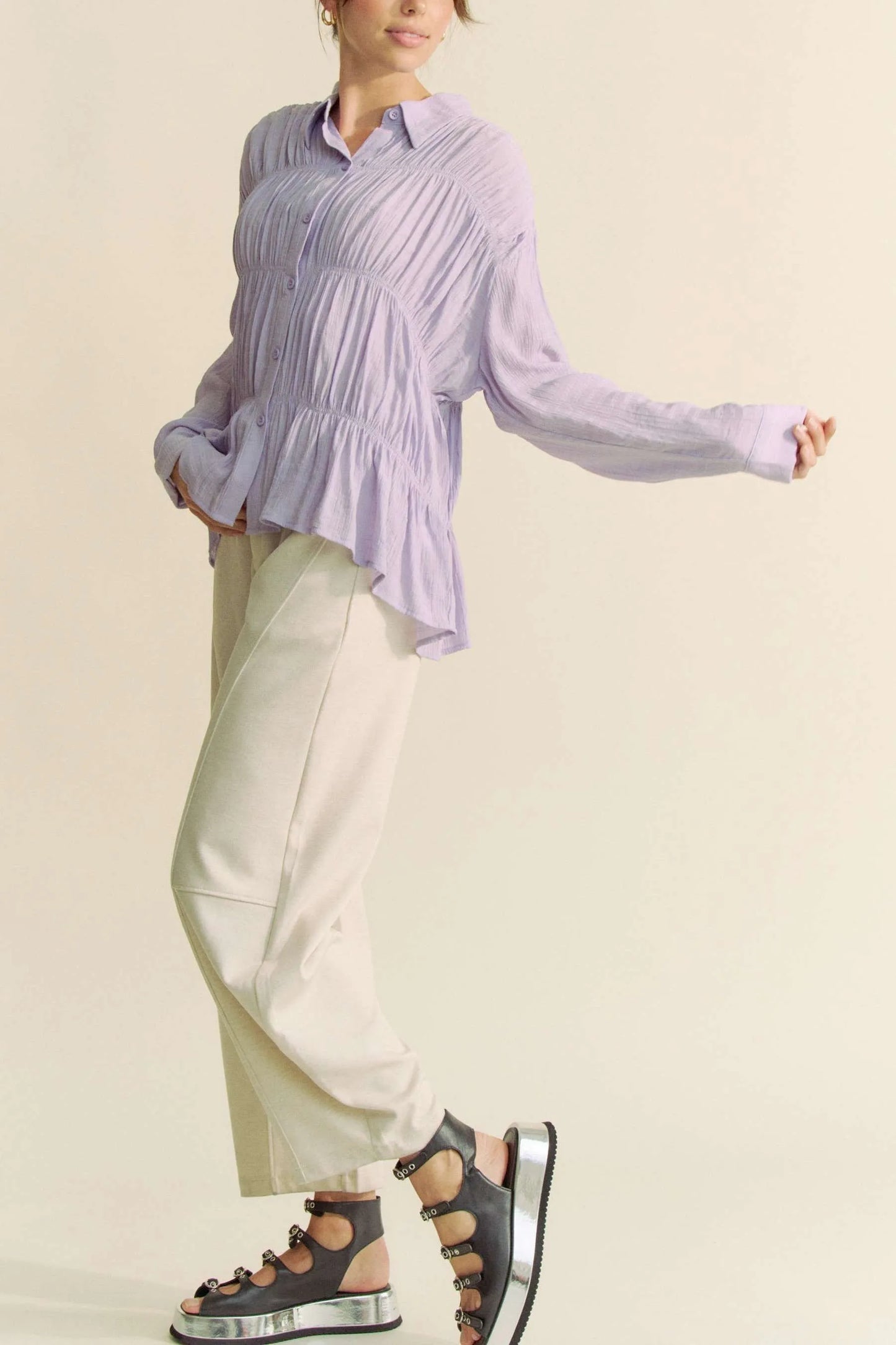 Image of Davi & Dani Ruched All Over Button Front Shirt | Queeble.shop