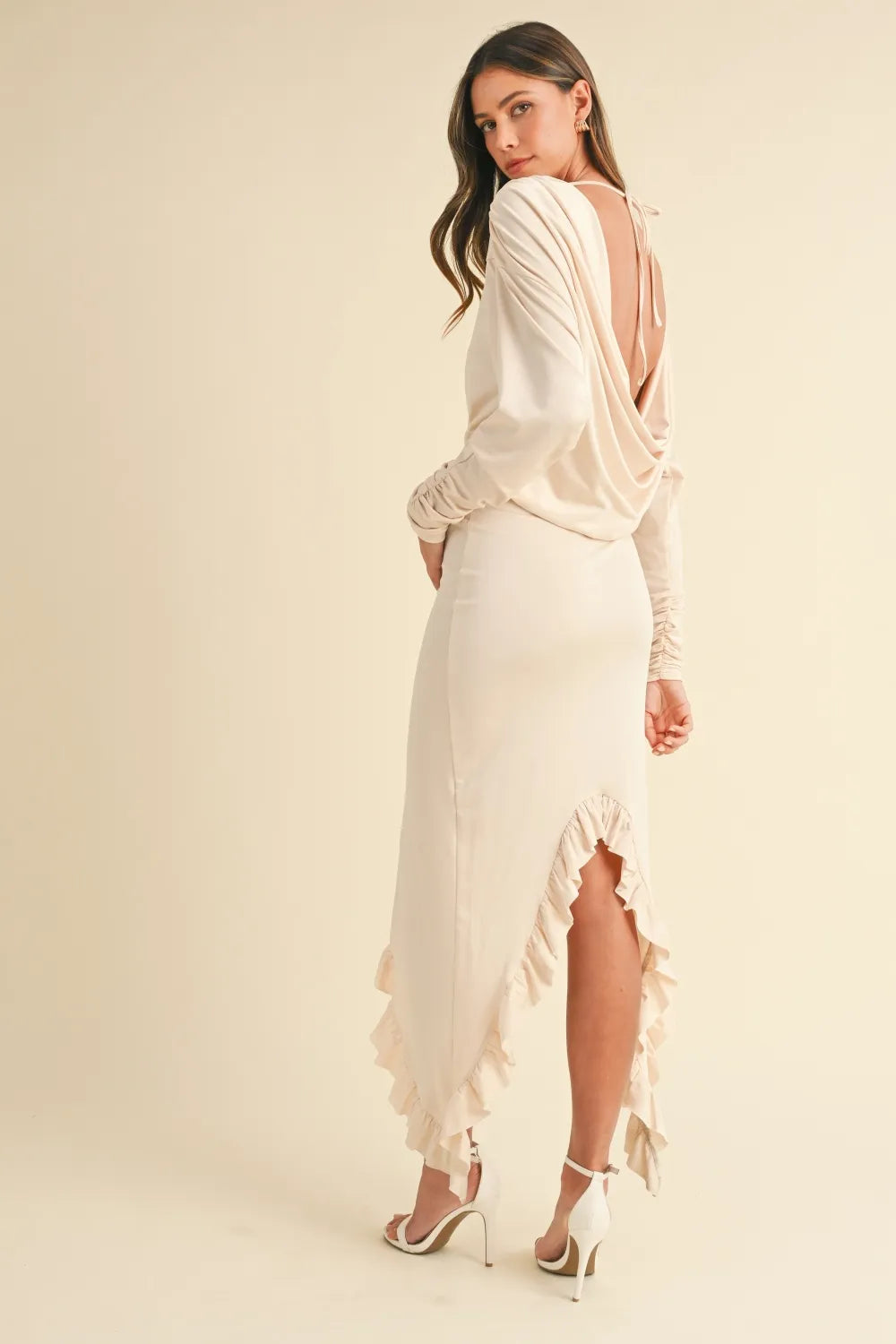 Image of Mable Backless Asymmetric Ruffle Hem Dress | Queeble.shop
