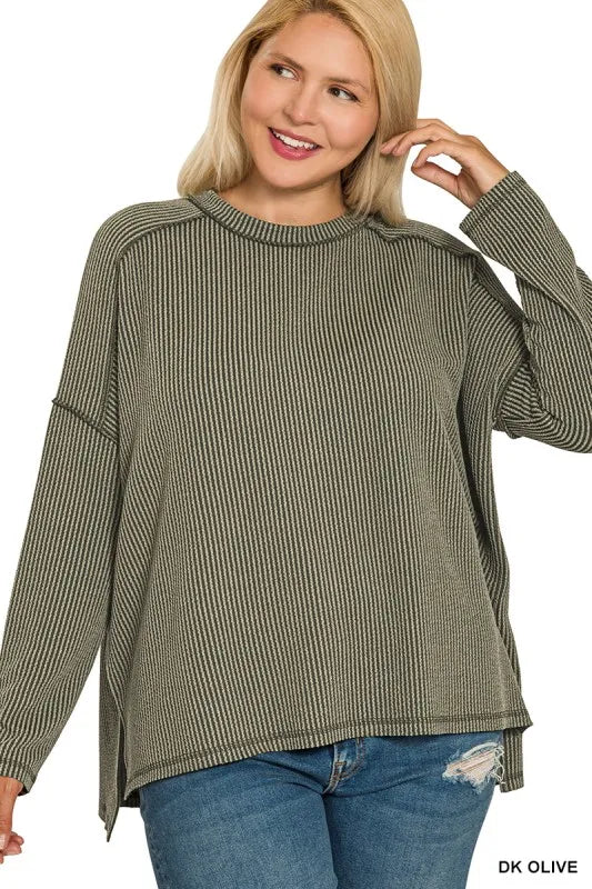 Image of Zenana Full Size Exposed Seam Long Sleeve Corded Rib Knit Top Plus Size | Queeble.shop