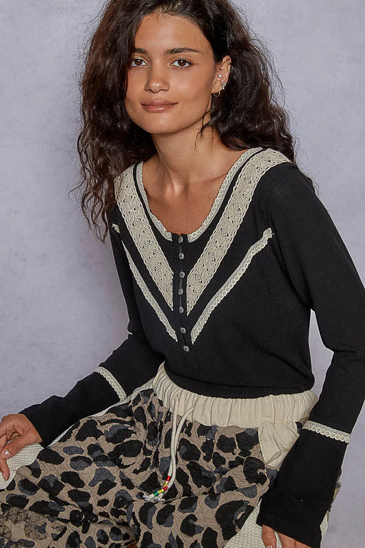 Image of POL Ribbed Half Button Lace Detail Knit Top | Queeble.shop