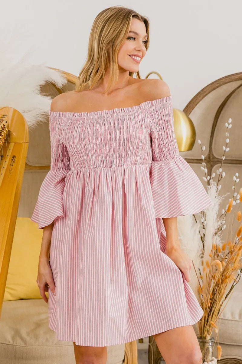 Image of BiBi Smocked Off Shoulder Striped Dress | Queeble.shop