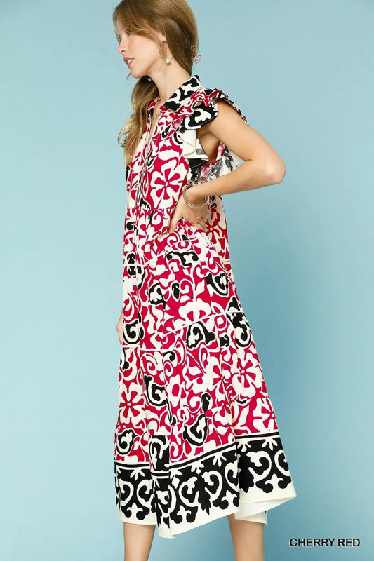 Image of Umgee Printed Ruffled Cap Sleeve Midi Dress | Queeble.shop