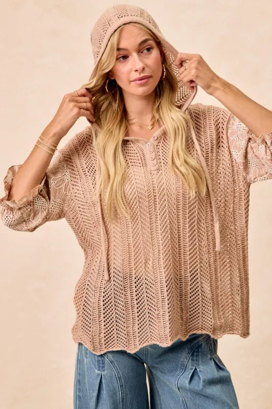 Image of BiBi Jacquard Flower Puff Sleeve Hooded Knit Top | Queeble.shop