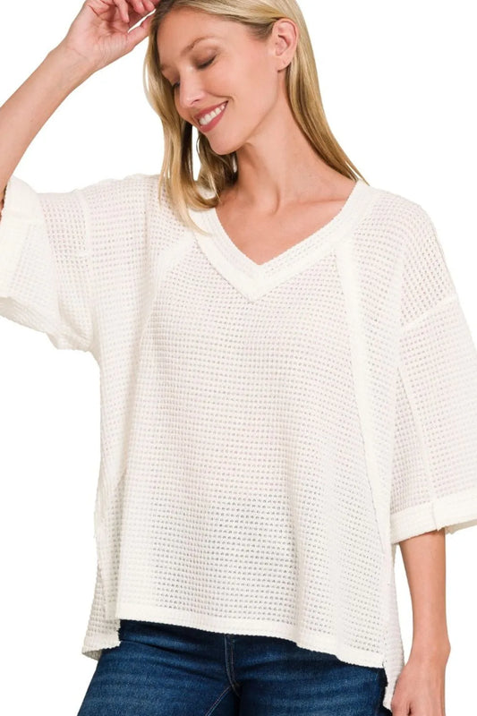 Image of Zenana Brushed Waffle Exposed-seam 3/4 Sleeve Top | Queeble.shop