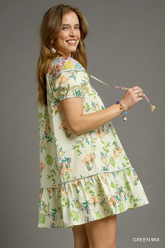 Image of Umgee Floral Print Tie Neck Puff Sleeve Dress | Queeble.shop