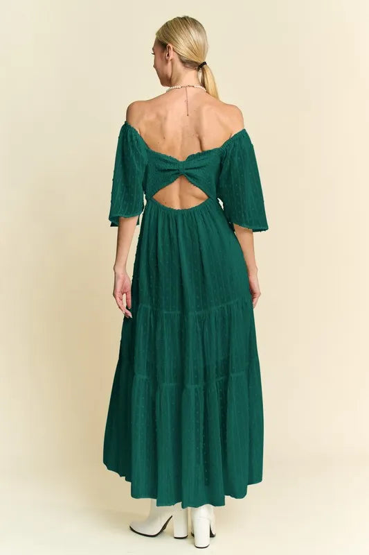 Image of Davi & Dani Swiss Dotted Ruched Ruffle Open Back Midi Dress | Queeble.shop