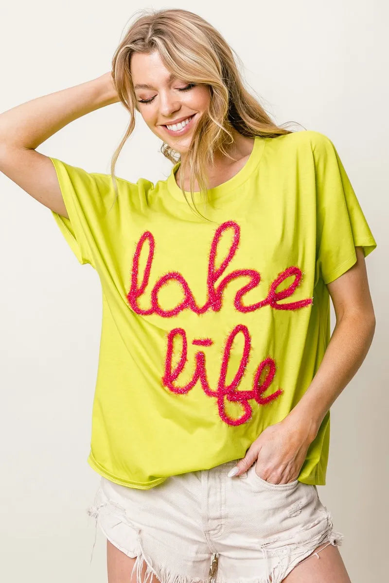 Image of BiBi Metallic Letter Short Dolman Sleeve Top | Queeble.shop