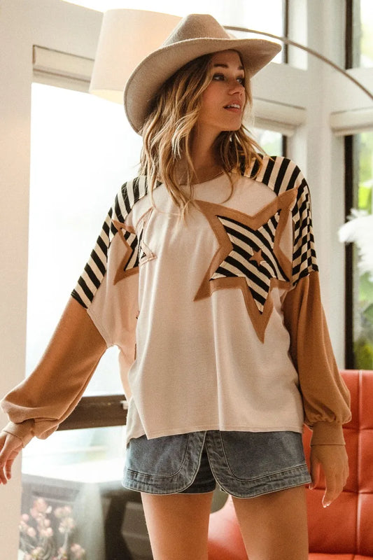 Image of BiBi Star Patchwork Mixed Long Sleeve Top | Queeble.shop