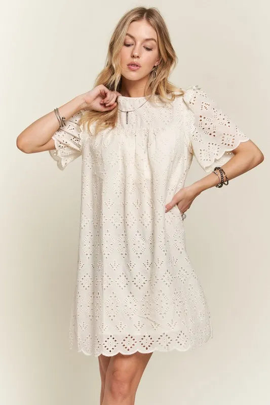 Image of ADORA Ruffled Eyelet Round Neck Dress | Queeble.shop