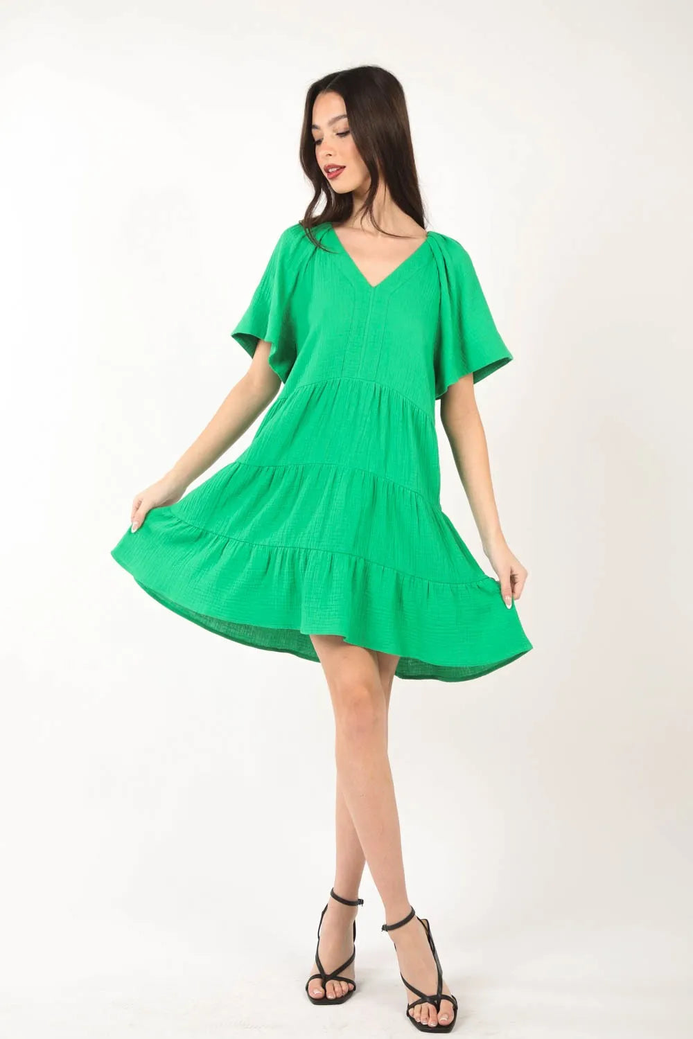 Image of VERY J Texture V-Neck Ruffled Tiered Dress | Queeble.shop