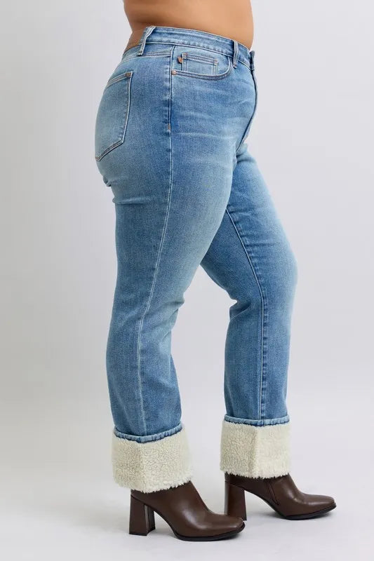 Image of Judy Blue Full Size High Waist Shearling Cuff Straight Plus Size | Queeble.shop