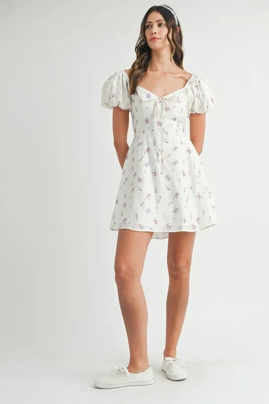 Image of MABLE Floral Print Puff Sleeve Mini Dress | Queeble.shop