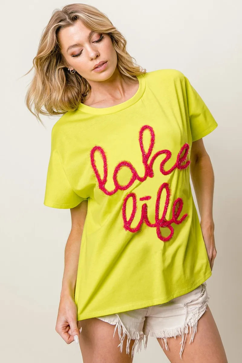 Image of BiBi Metallic Letter Short Dolman Sleeve Top | Queeble.shop
