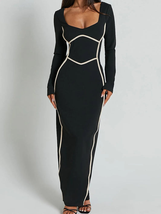 Image of Contrast Trim Long Sleeve Bodycon Maxi Dress | Queeble.shop