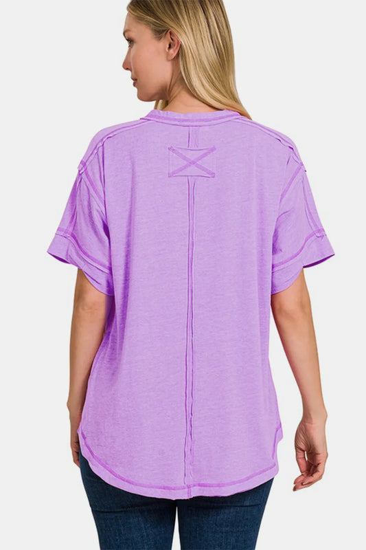 Image of Zenana Exposed Seam Half Button Short Sleeve Top | Queeble.shop