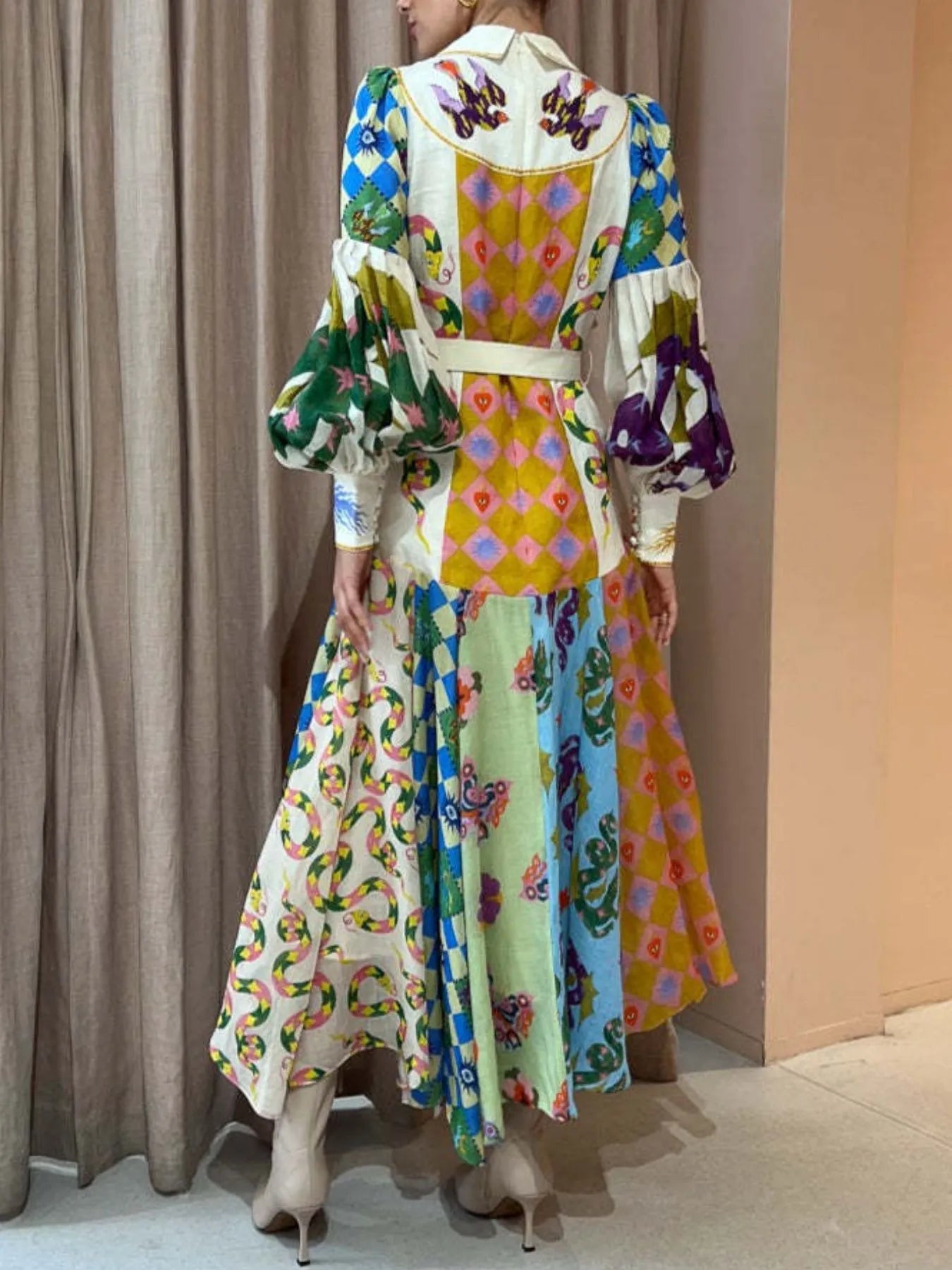 Image of Printed Lantern Sleeve Midi Shirt Dress | Queeble.shop
