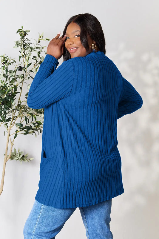 Image of Basic Bae Full Size Ribbed Open Front Cardigan with Pockets | Queeble.shop