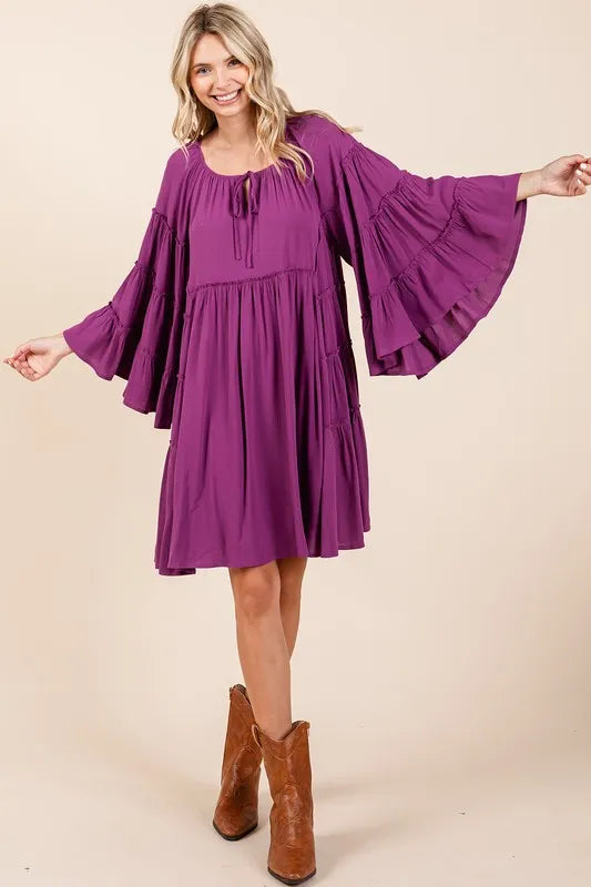 Image of Mittoshop Frill Tie Neck Bell Sleeve Dress | Queeble.shop