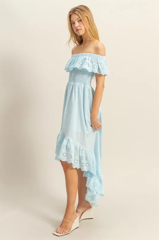Image of HYFVE High-Low Eyelet Ruffled Off-Shoulder Dress | Queeble.shop