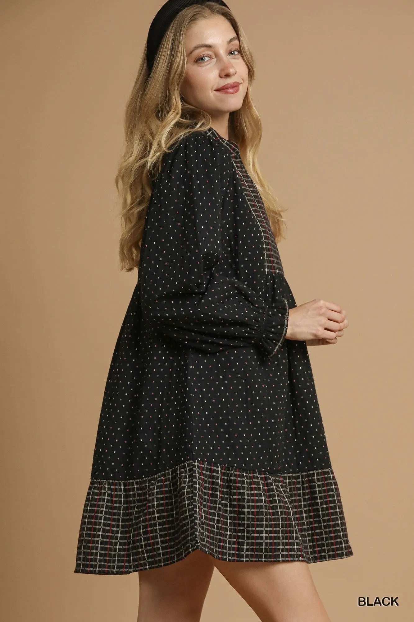 Image of Umgee Polka Dot Plaid Trim Babydoll Dress | Queeble.shop