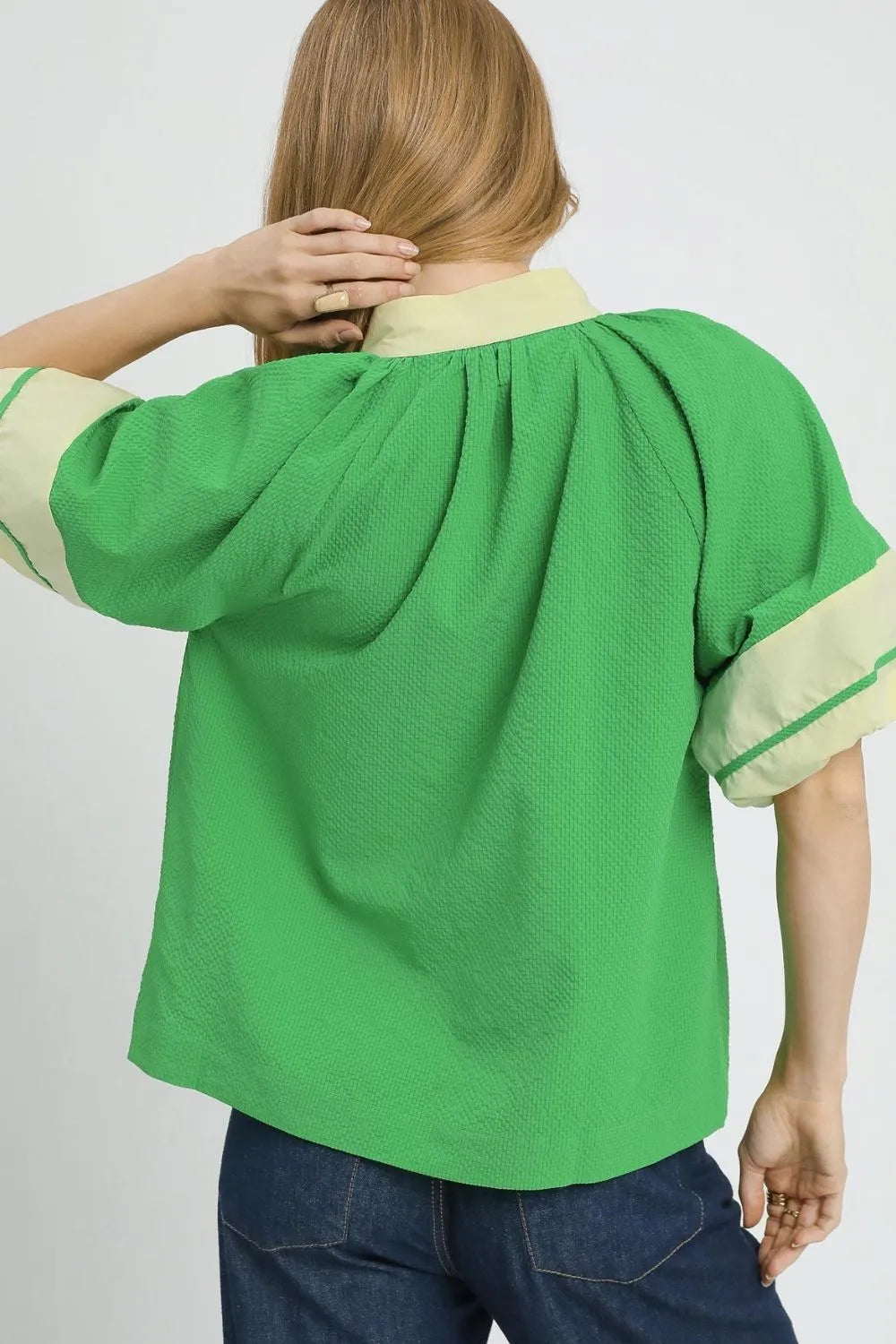 Image of Umgee Contrast Trim Notched Puff Sleeve Blouse | Queeble.shop