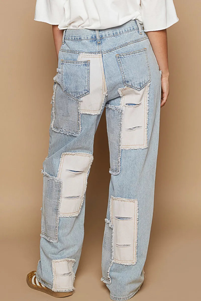 Image of POL Contrast Patched Raw Hem Straight Jeans | Queeble.shop