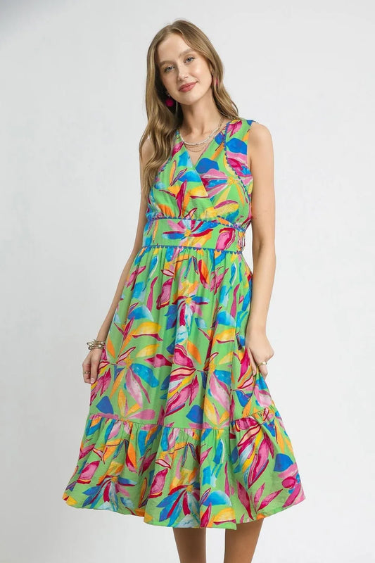 Image of Umgee Ruffled Hem Printed Sleeveless Midi Dress | Queeble.shop