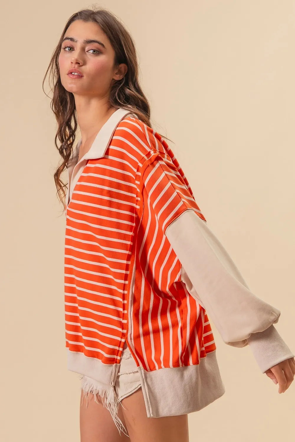 Image of BiBi Stripe Knit Loose Fit Top With Cut Edge Detail | Queeble.shop