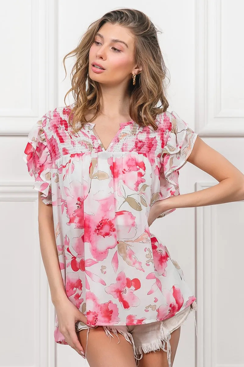 Image of BiBi Floral Print Flutter Sheer Top | Queeble.shop