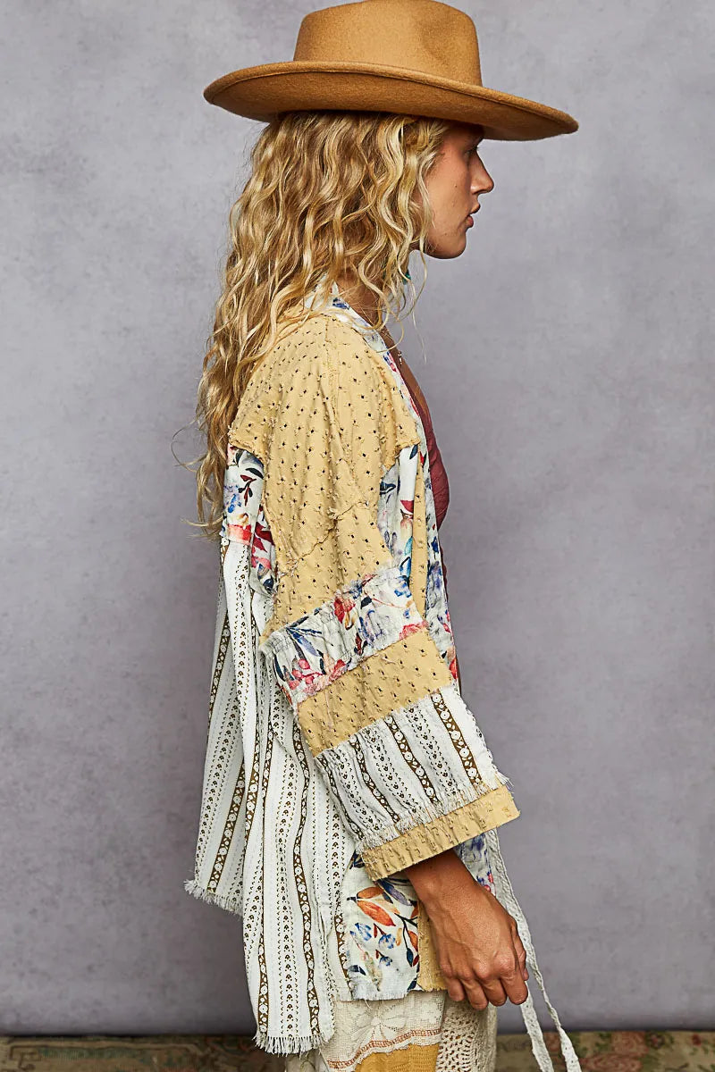 Image of POL Raw Edge Open Front Patchwork Cardigan with Floral Trim | Queeble.shop