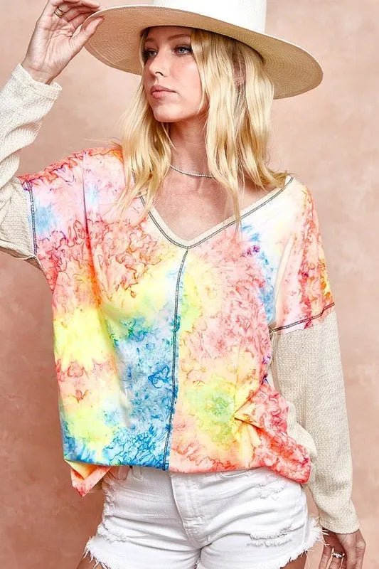Image of BiBi Print Block V Neck Top with Contrast Stitching | Queeble.shop
