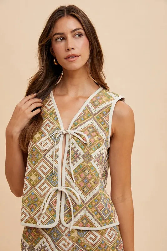 Image of Annie Wear Ethnic Woven Jacquard Tie Front Vest | Queeble.shop