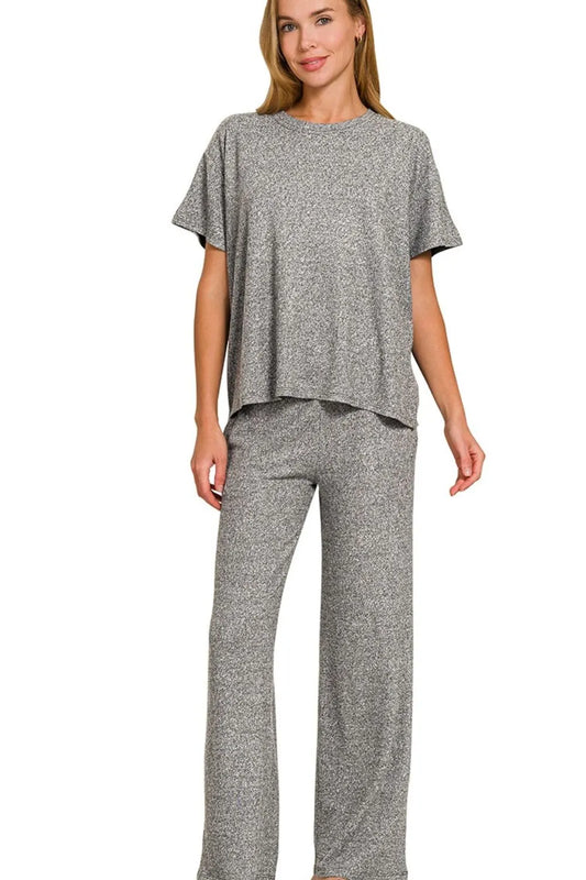 Image of Zenana Soft Melange Short Sleeve Tee & Long Pants Set | Queeble.shop