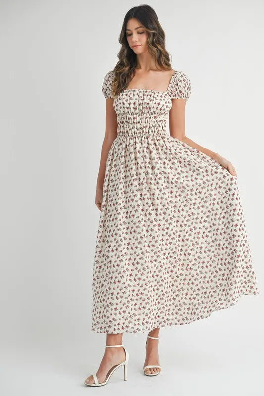 Image of MABLE Floral Print Puff Sleeve Gathered Midi Dress | Queeble.shop