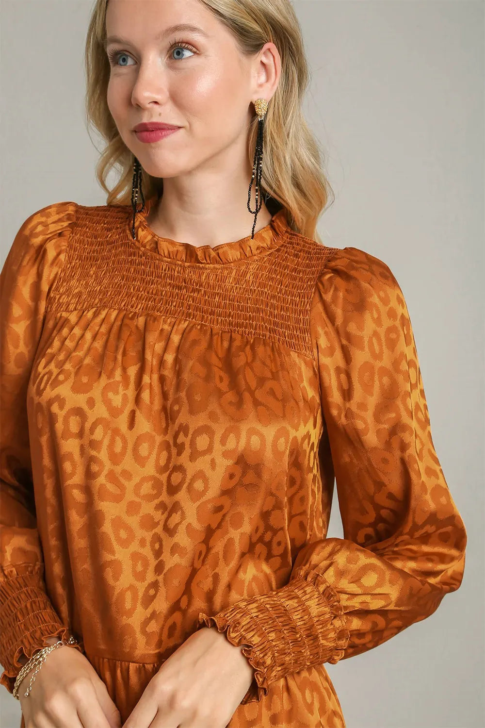 Image of Umgee Smocked Leopard Long Sleeve Tiered Dress | Queeble.shop