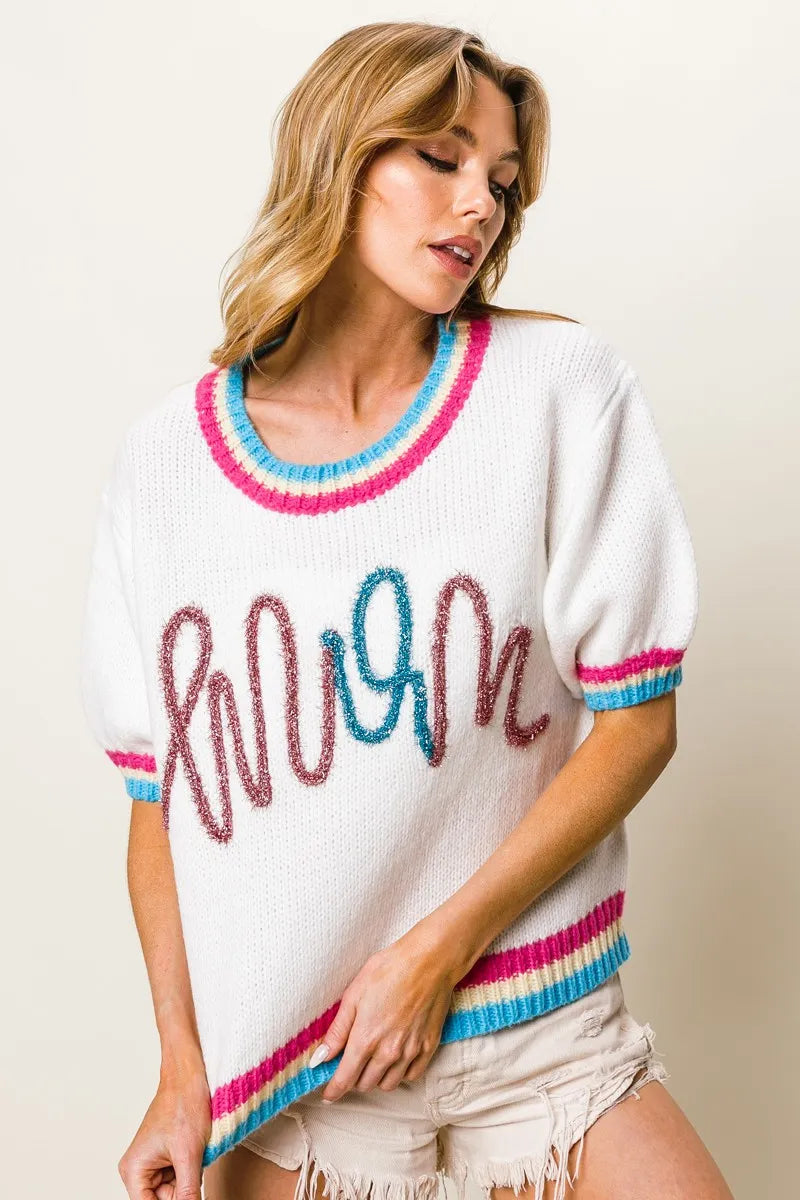 Image of BiBi Metallic Letter Short Puff Sleeve Sweater | Queeble.shop