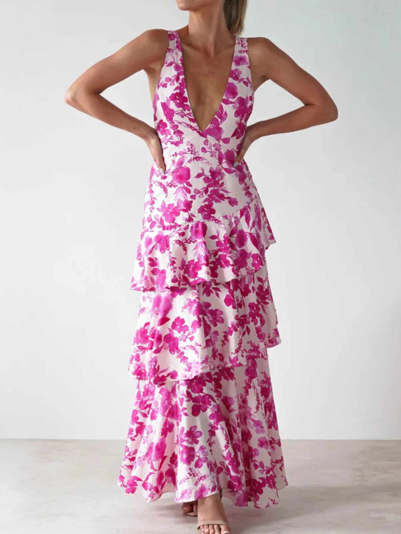 Image of Ruffled Layered Floral Deep V-Neck Dress | Queeble.shop
