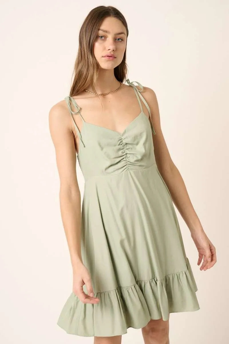 Image of Mittoshop Ruched Detail Spaghetti Tie Mini Dress | Queeble.shop