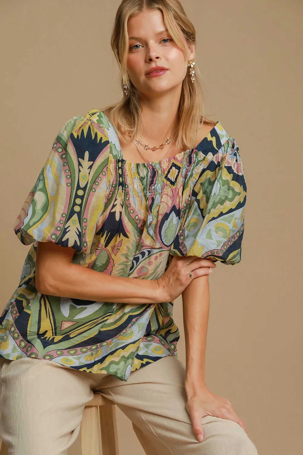 Image of Umgee Full Size Abstract Print Smocked Square Neck Puff Sleeve Blouse | Queeble.shop